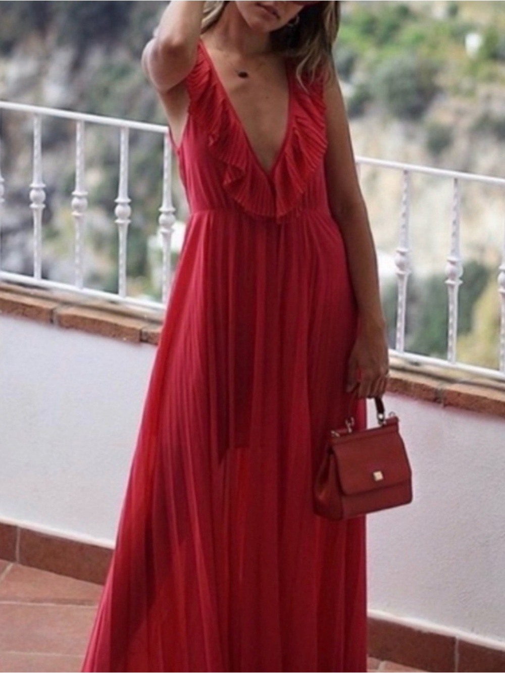 Zara Like New Red with Coral Hue Ruffle Pleated Tie Back V-Neck Flowy Maxi Dress